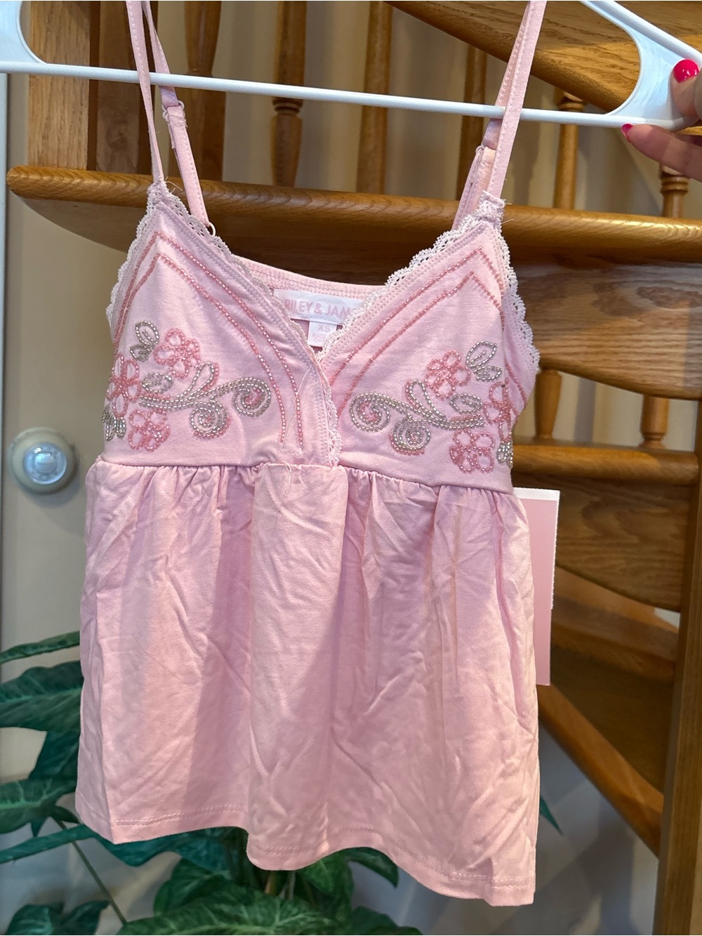 Riley and James Y2K Beaded Ballet Pink Embroidered Lace-Trim Camisole